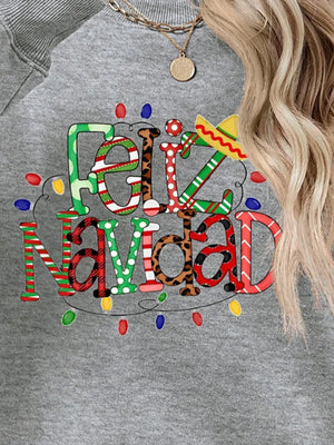 Gray graphic sweatshirt with Feliz Navidad text and Christmas lights.