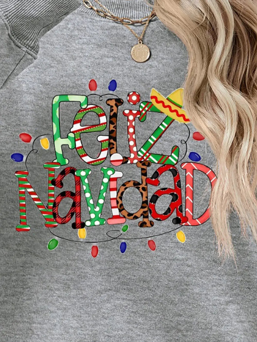 Gray graphic sweatshirt with Feliz Navidad text and Christmas lights.