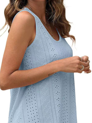 Light blue eyelet scoop neck tank top with intricate pattern detail.