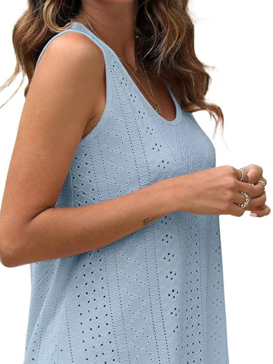Light blue eyelet scoop neck tank top with intricate pattern detail.