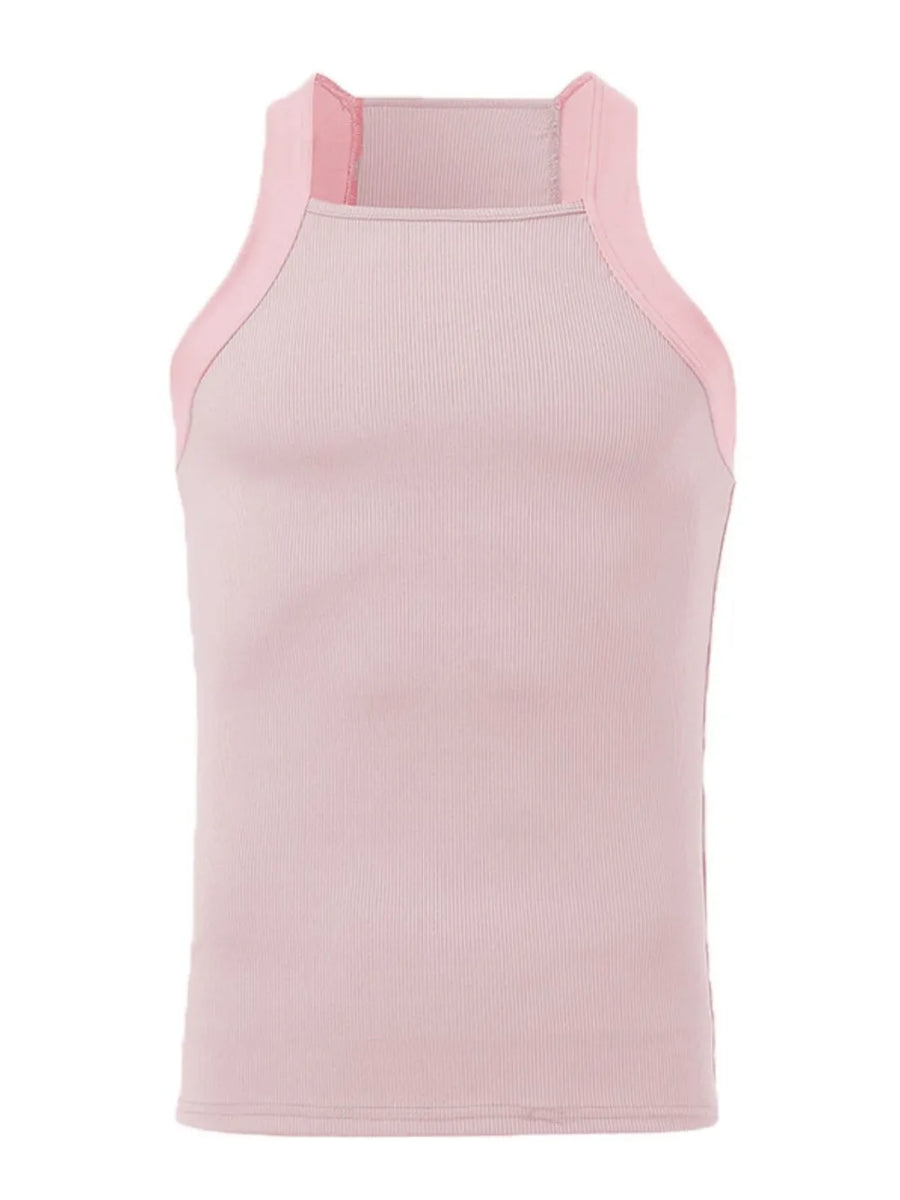 Dusty Pink ribbed tank top with square neckline and contrasting straps