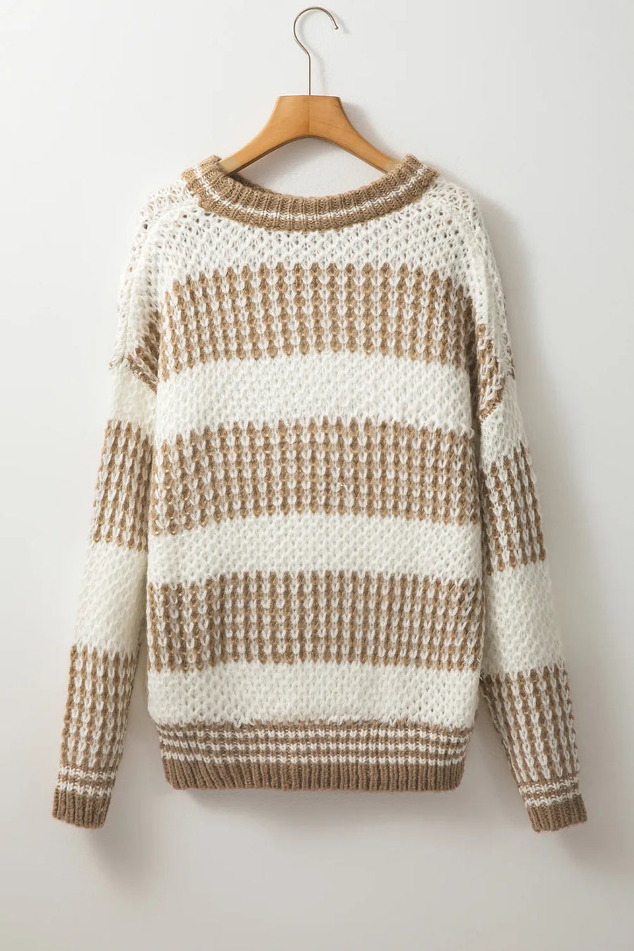Textured knit sweater in taupe and white stripes, acrylic, crew neck, long sleeves.