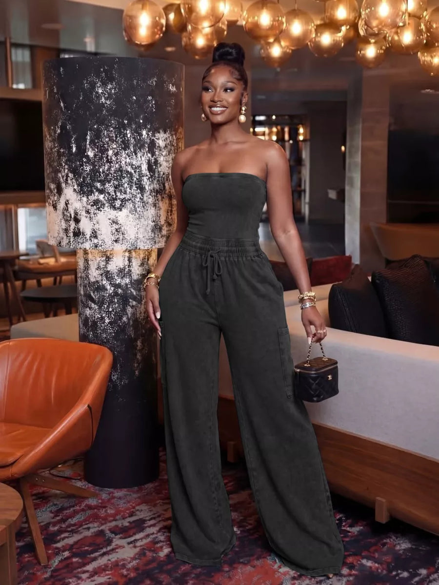 Black strapless jumpsuit with wide-leg pants and drawstring waist