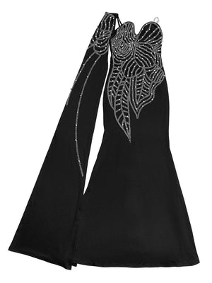 formal gown in black with rhinestone embellishment and floor-length
