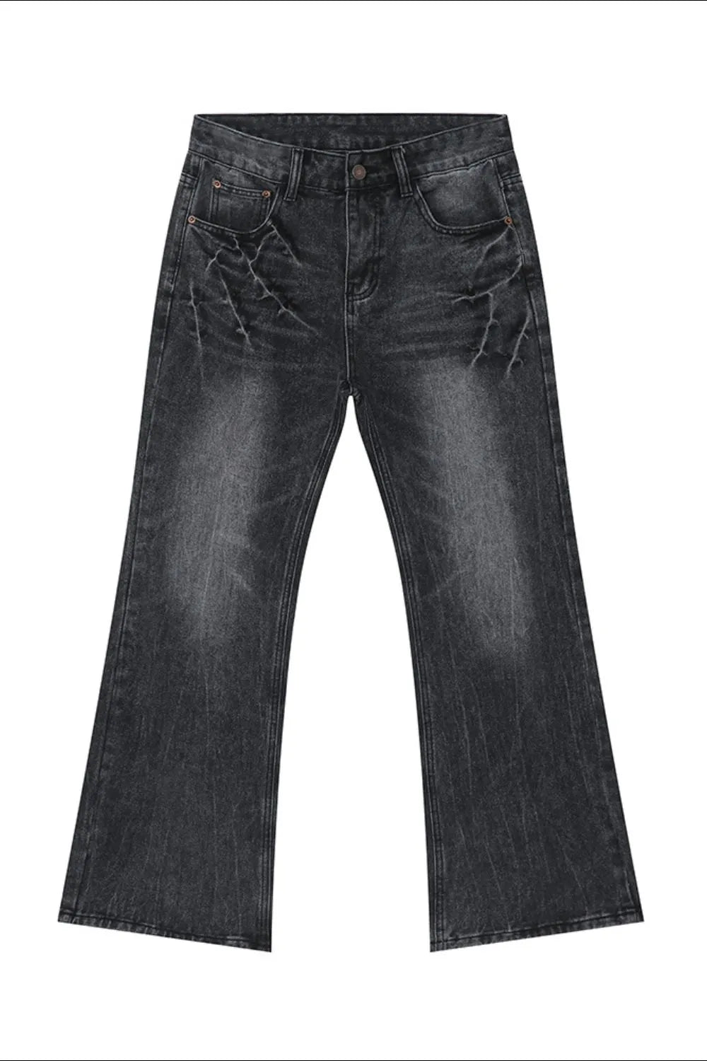 Washed black wide-leg denim jeans with distressed detailing and a bootcut flare.
