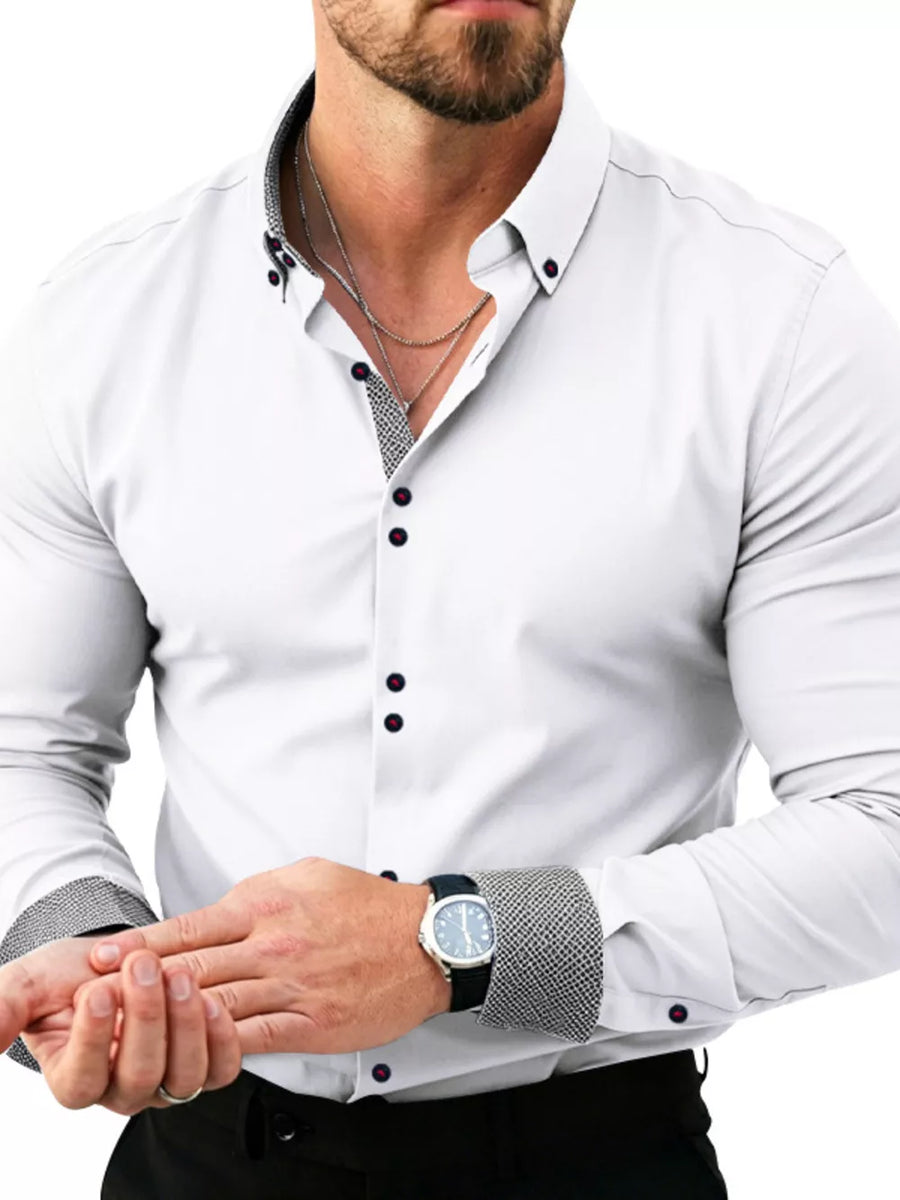 button-up shirt in light gray featuring button-down collar and slim fit