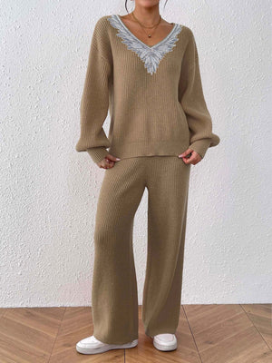 100% polyester Care instructions: Machine wash cold sweater set in Camel with relaxed silhouette