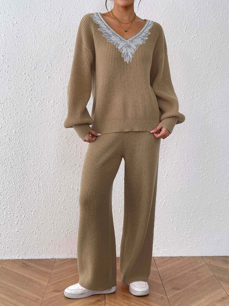 100% polyester Care instructions: Machine wash cold sweater set in Camel with relaxed silhouette