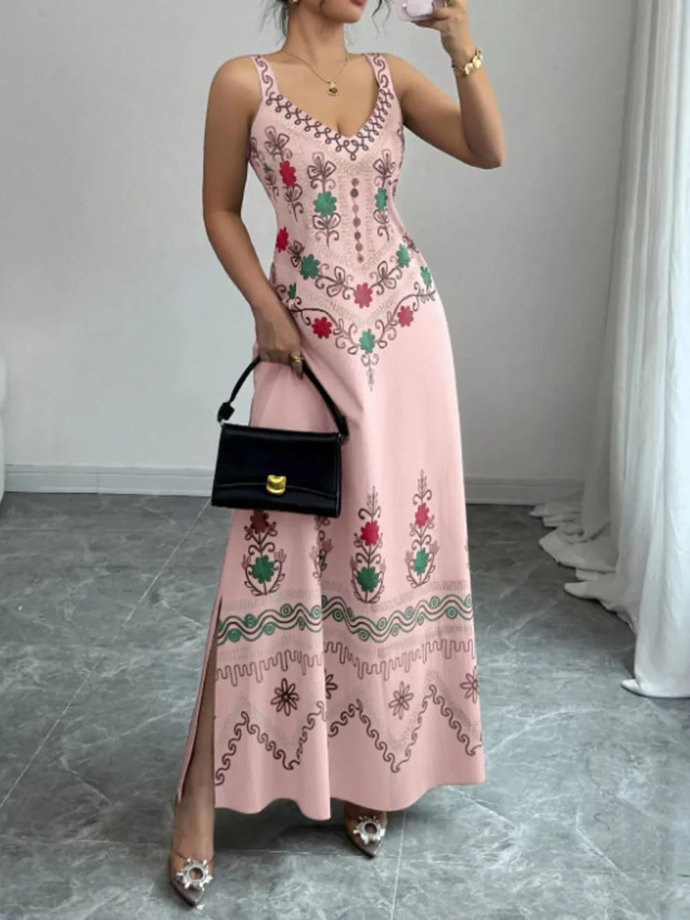 light pink maxi dress with floral and v-neck