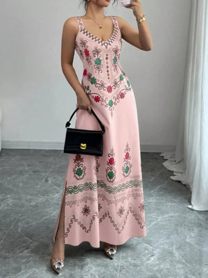 light pink maxi dress with floral and v-neck