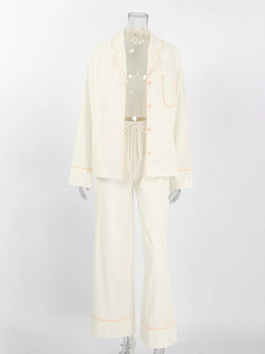 ivory pajama set with drawstring and long sleeve