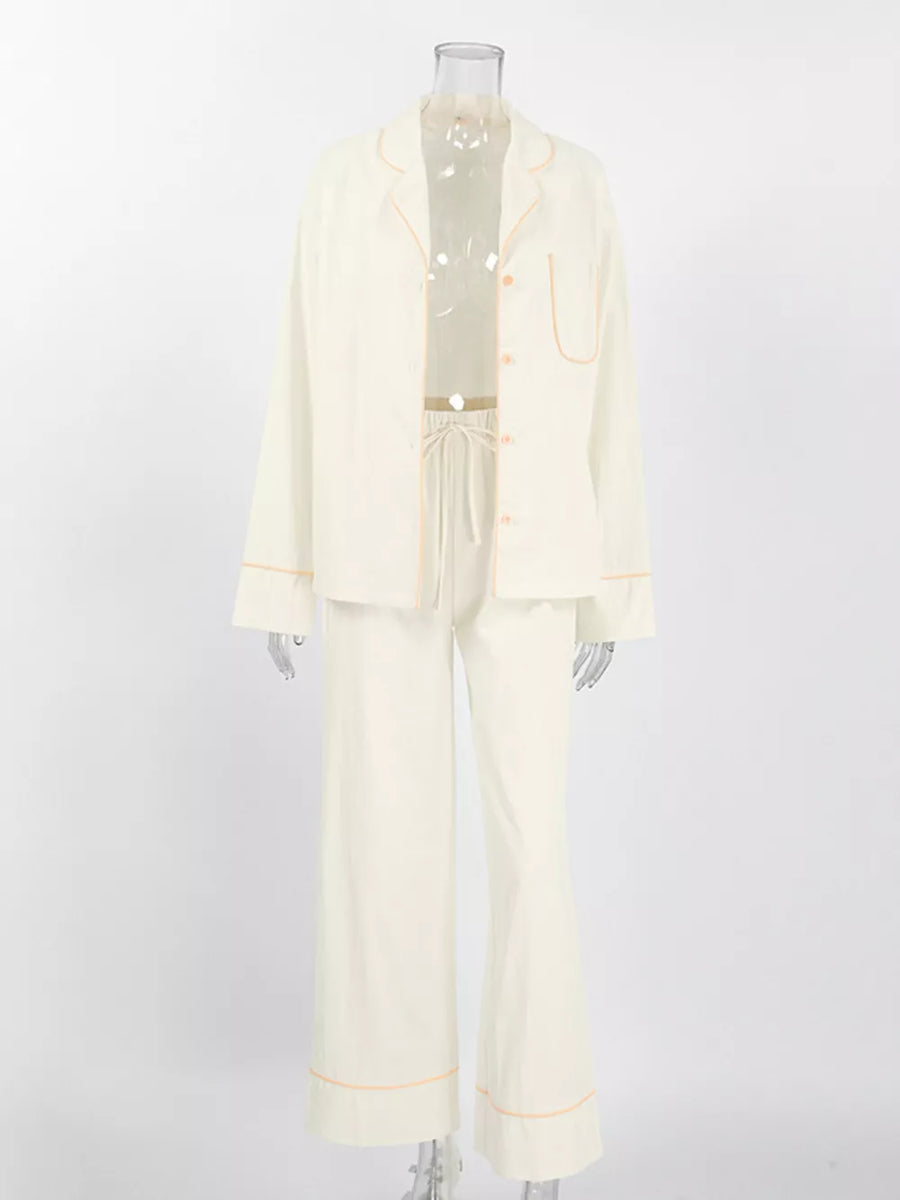 ivory pajama set with drawstring and long sleeve