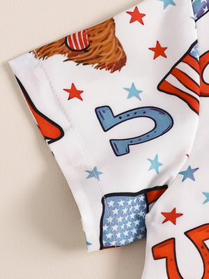 Toddler patriotic shirt with stars, flags, horseshoes, and eagle graphic.