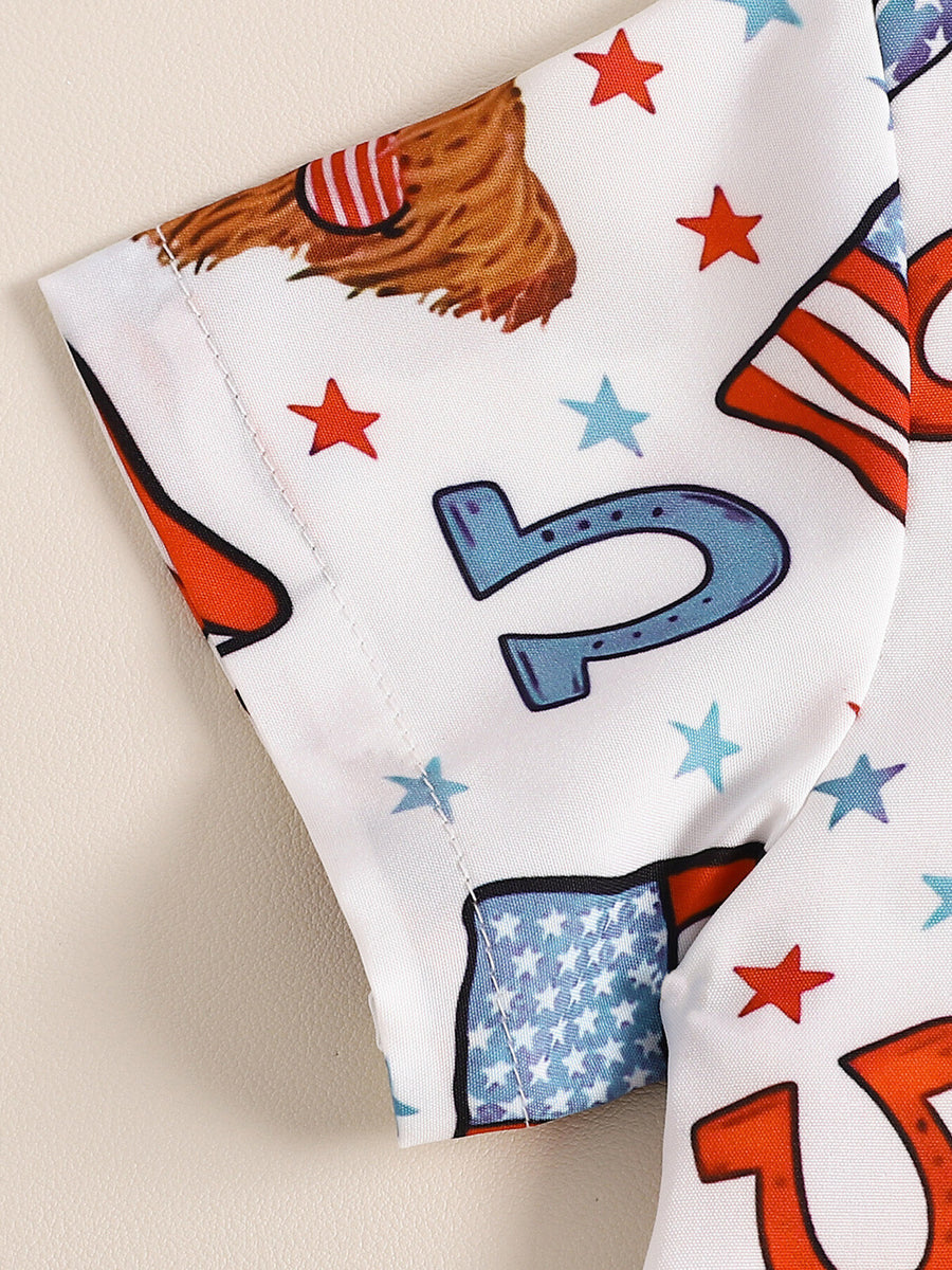Toddler patriotic shirt with stars, flags, horseshoes, and eagle graphic.