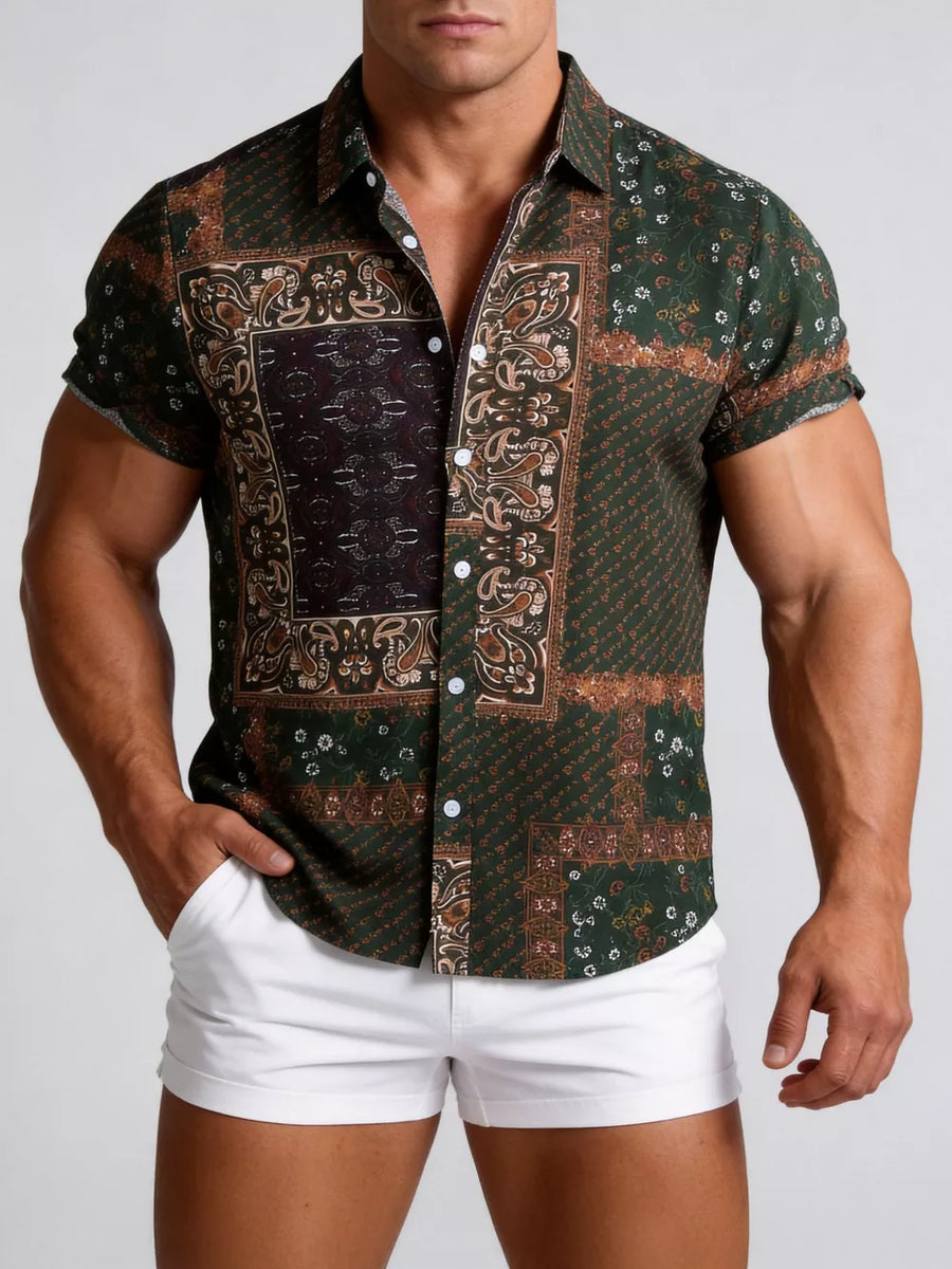 Tangerine Button-down Graphic Short-sleeve Top