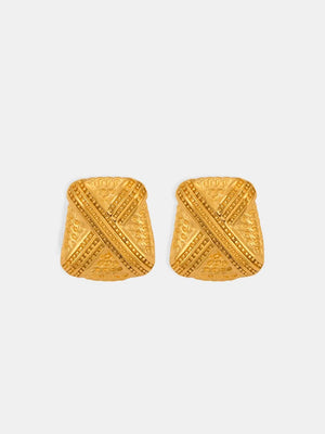 Sculptural gold-tone earrings with intricate embossed pattern, 18K gold-plated.