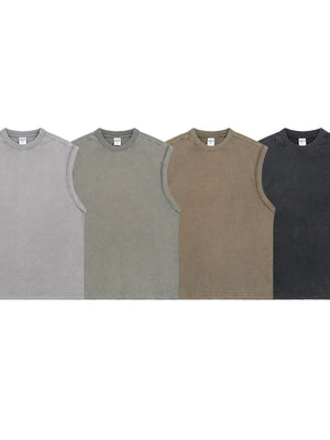 Washed cotton muscle tees in gray, sage, khaki, and black, relaxed fit, crew neck.