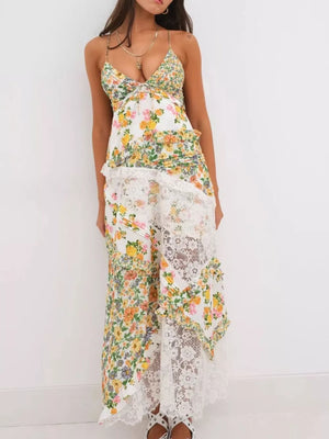 Floral lace maxi dress with ruffles and a deep V-neck.