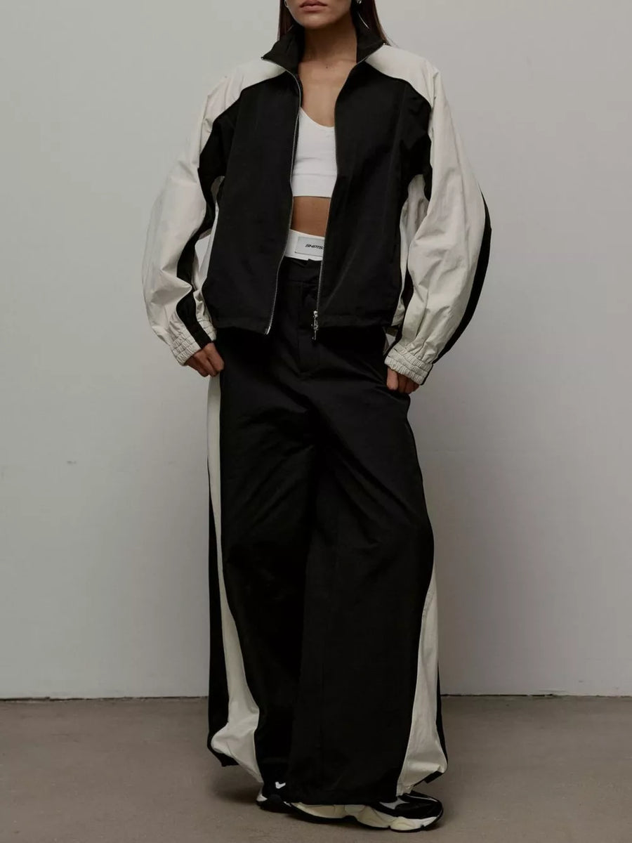 Grey with Color Block Zip Up Outerwear And Pants Set in Grey