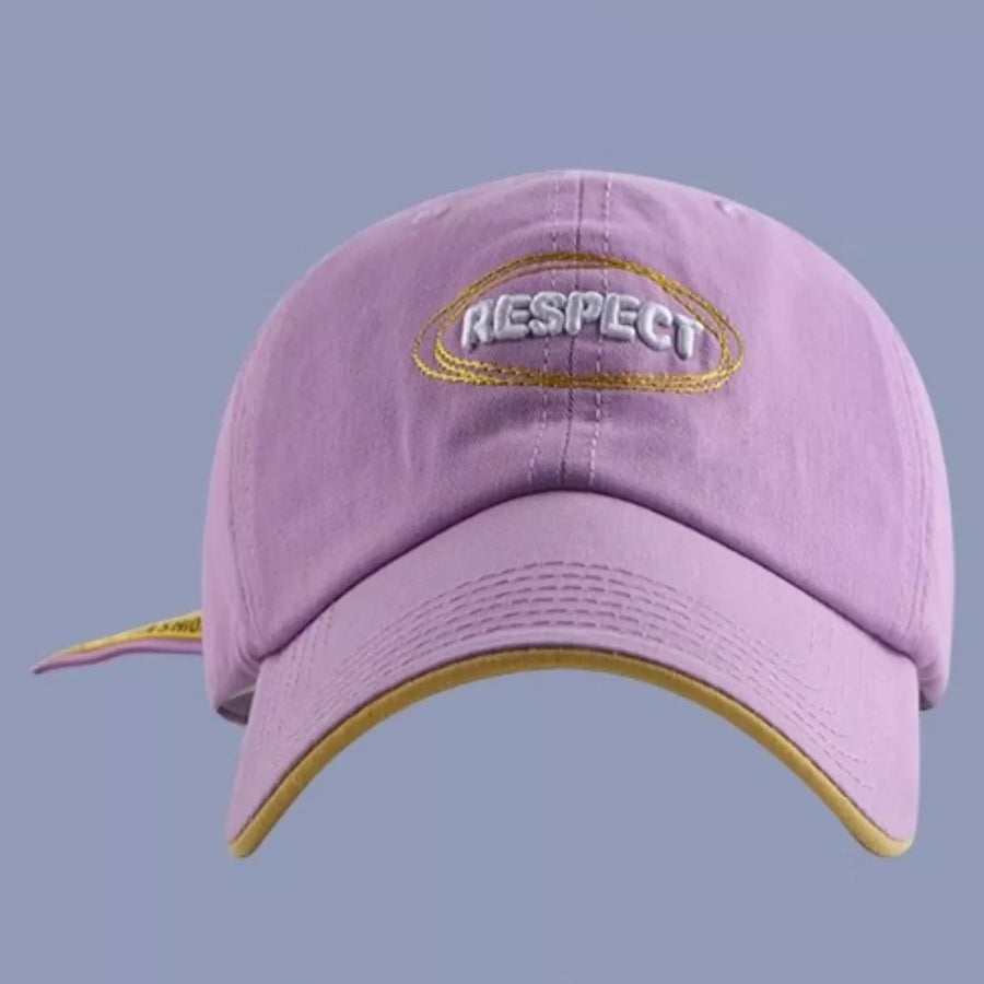 Purple baseball cap with embroidered "RESPECT" detail and yellow trim