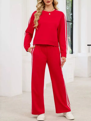Striped Round Neck Sweatshirt And Pants Set in Black, view 12