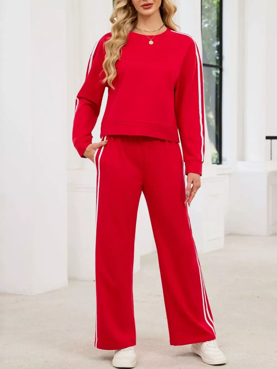 Striped Round Neck Sweatshirt And Pants Set in Black, view 12