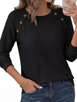 Decorative Button Waffle Knit Long Sleeve T-shirt in Black
