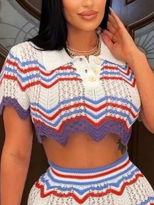 Chevron knit crop top and skirt set with red, white, and blue stripes.