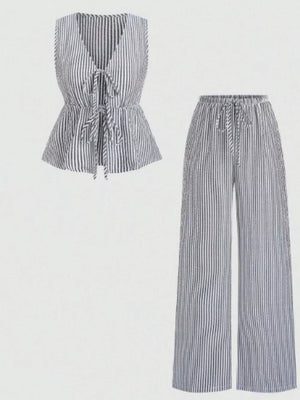 Pink Striped Tie-front Sleeveless Top And Pants Set