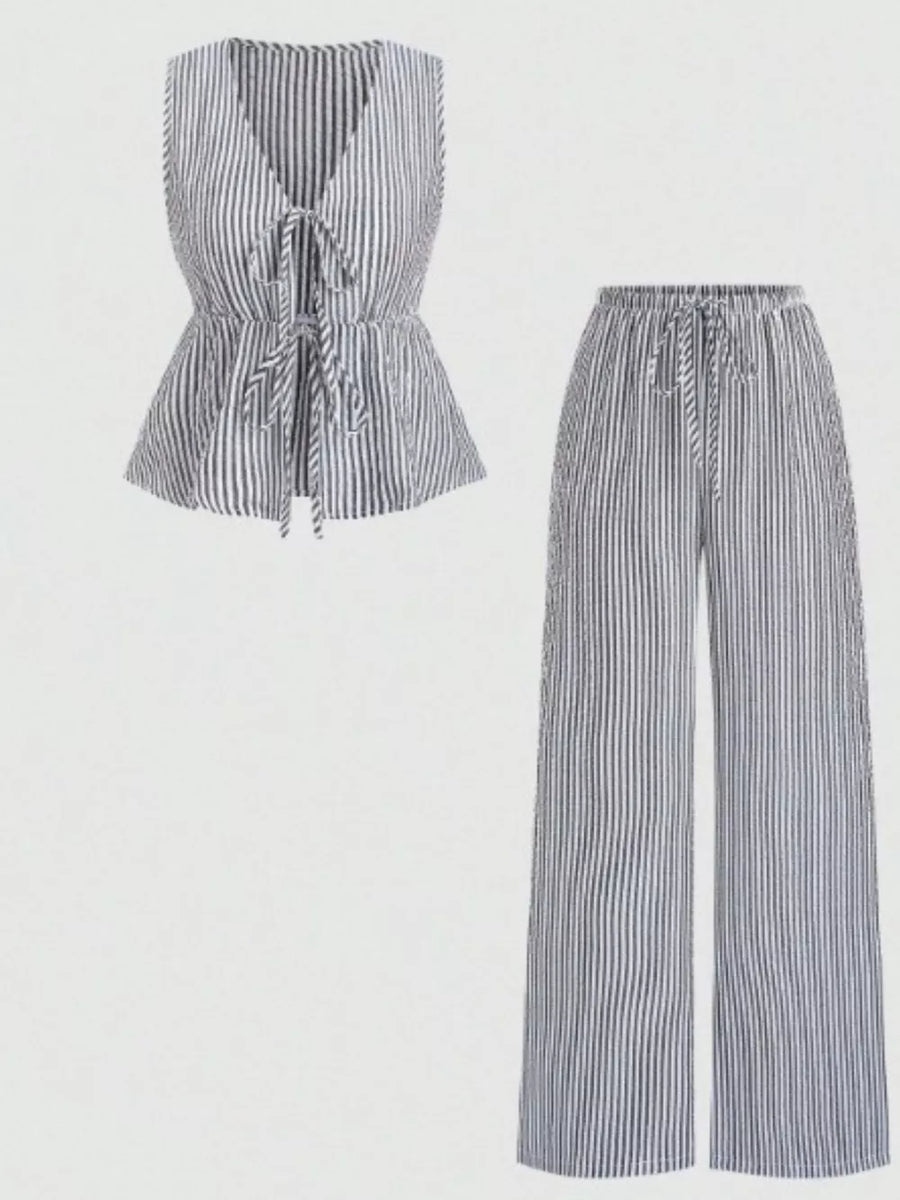 Pink Striped Tie-front Sleeveless Top And Pants Set