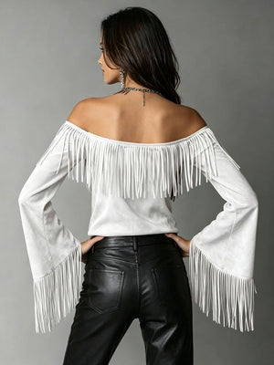 off-shoulder top in Pink with fringe and hip-length