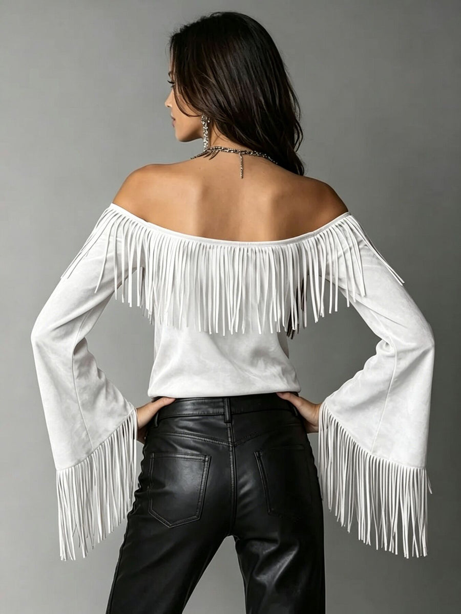 off-shoulder top in Pink with fringe and hip-length