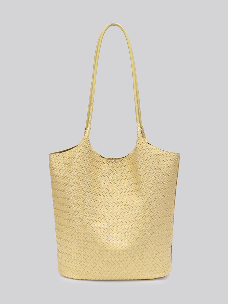 tote featuring woven texture in Yellow with PU Leather Imported Size &amp texture