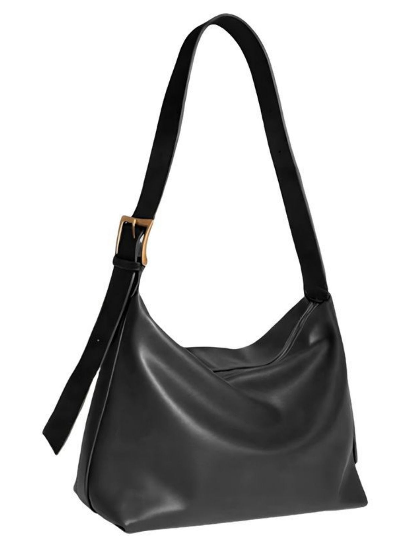 Black pu leather crossbody bag with adjustable strap and gold buckle detail.