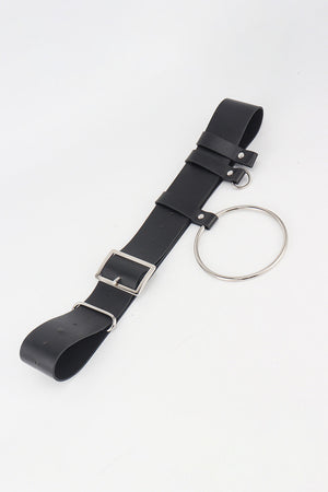 Black leather belt with silver buckle and large ring detail
