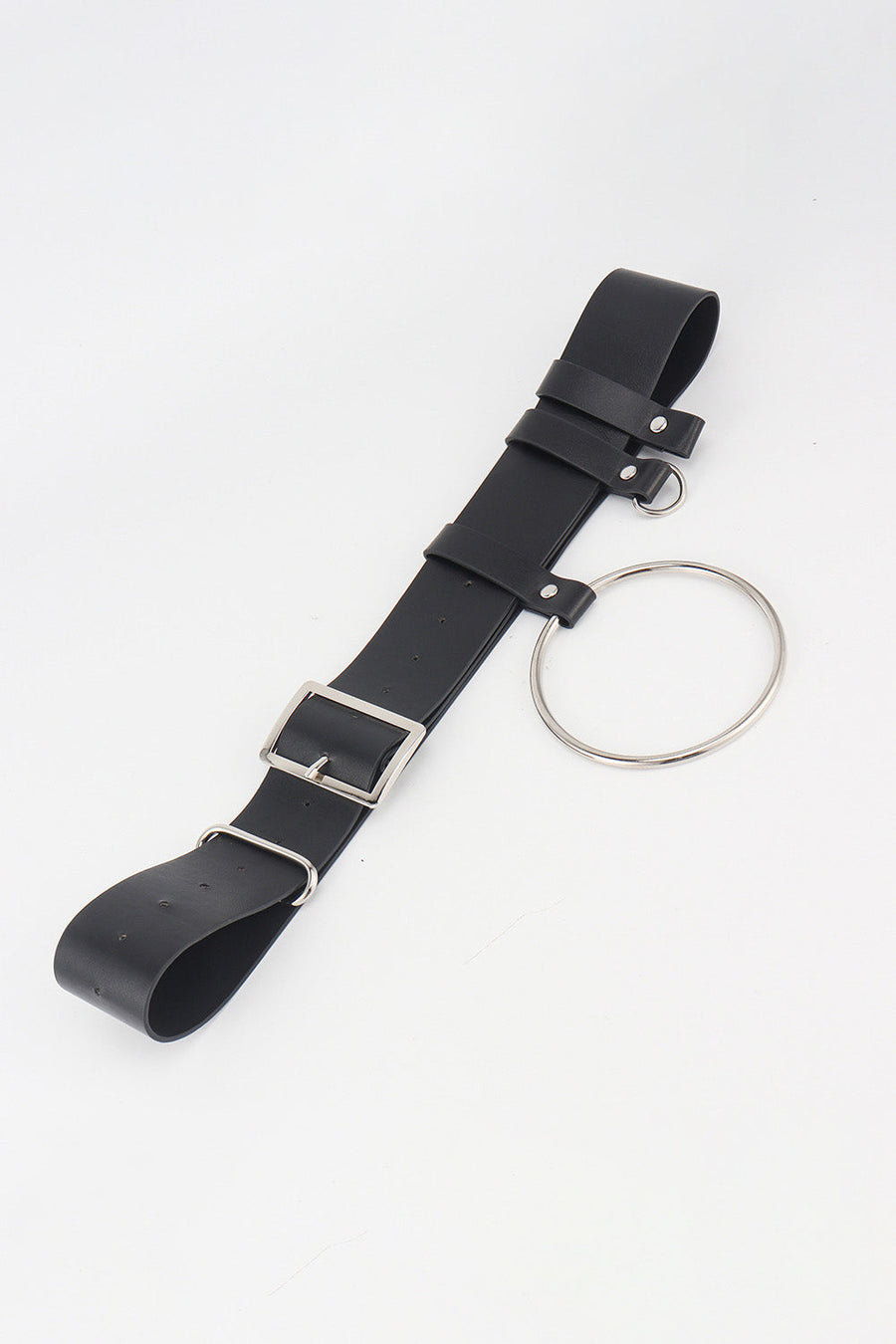 Black leather belt with silver buckle and large ring detail