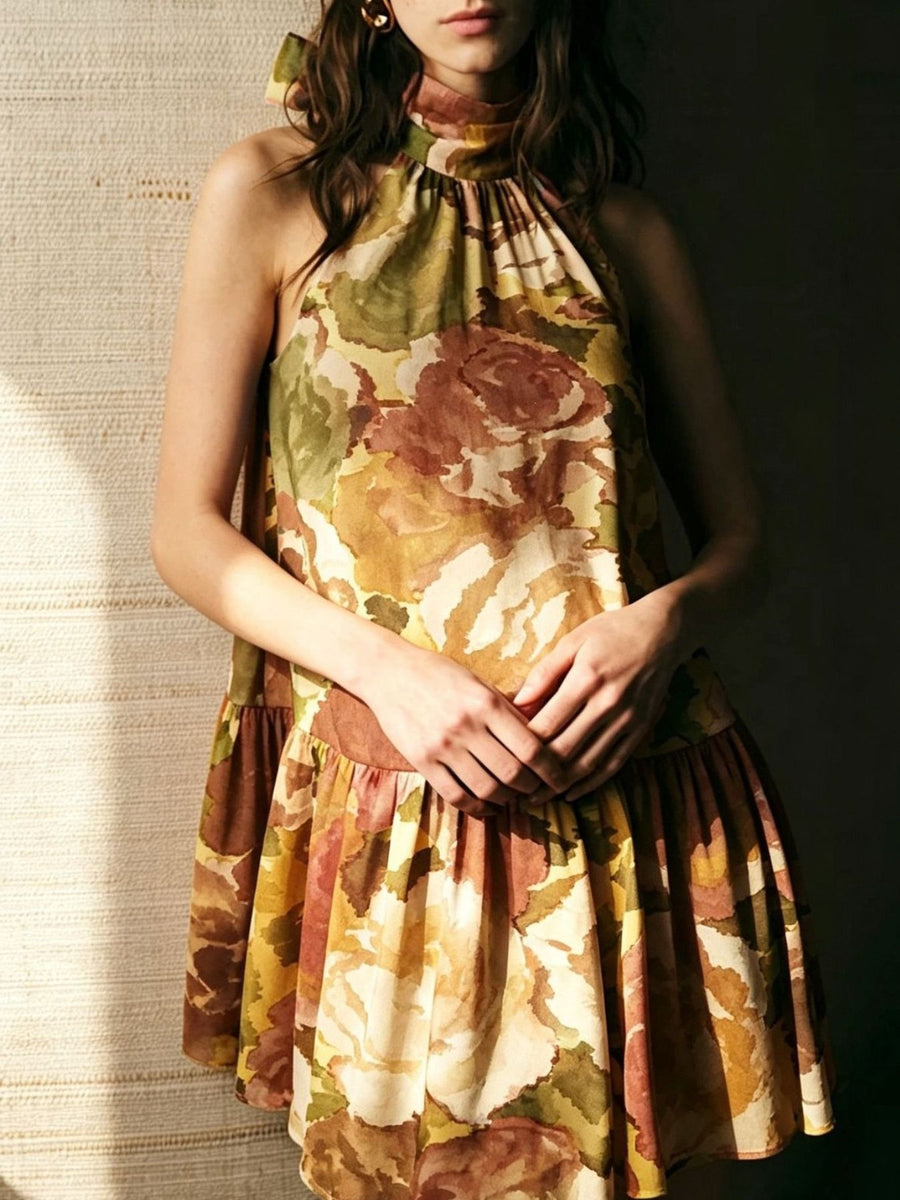 bohemian mini dress in Apricot with halter