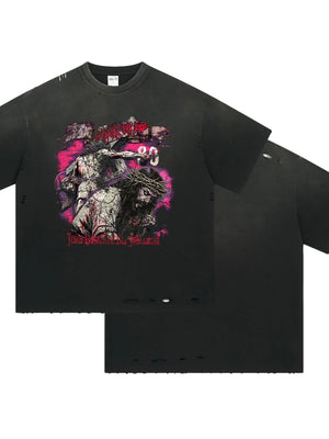Black oversized ripped graphic tee with Jesus on the cross print