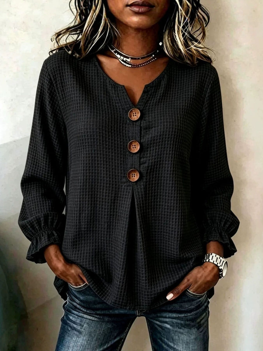 charcoal blouse with waffle knit and v-neck