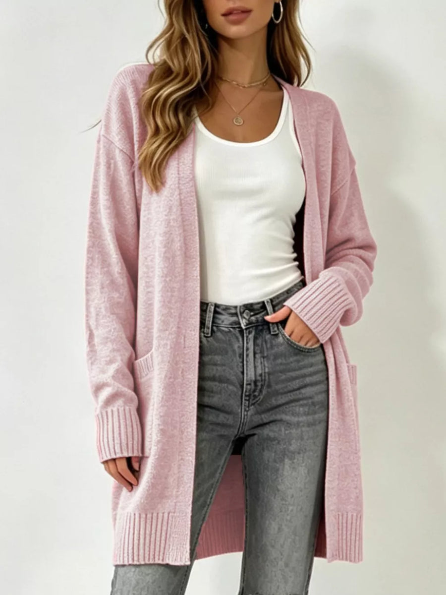 Open-front Longline Knit Cardigan Plus Size in Light Gray with pocketed