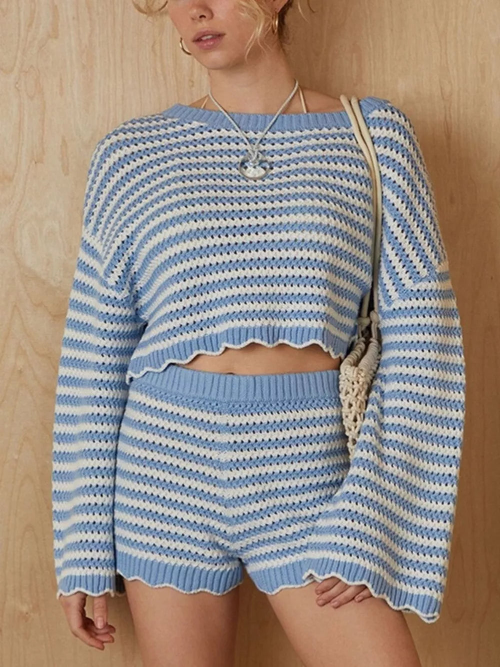 Scalloped Edges Striped Top And Shorts Set in Blue