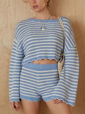 Scalloped Edges Striped Top And Shorts Set in Blue