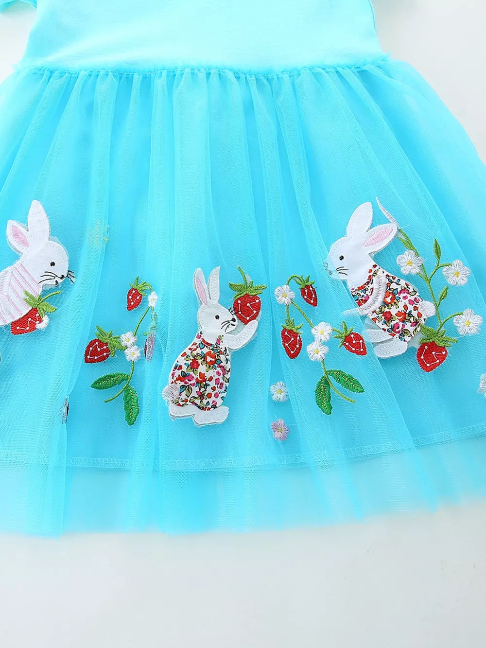 Blue tulle baby dress with embroidered bunnies and strawberries.