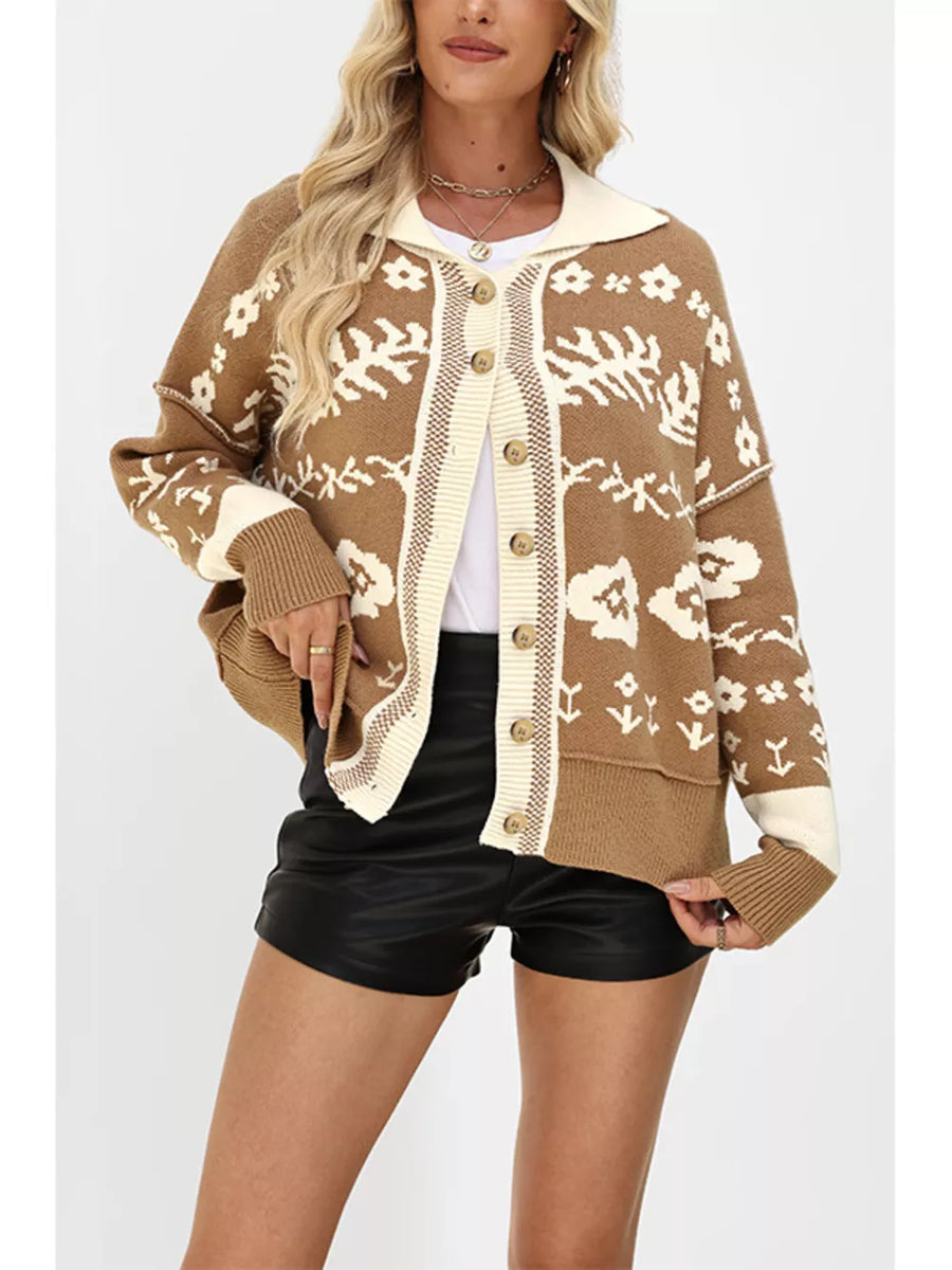 Brown cardigan with hip-length and button-front