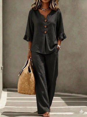 Khaki Decor Button Ruffled Top & Wide-leg Pants Set Plus Size