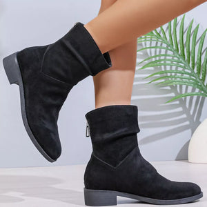 Black suede ankle boots with block heel and side zipper detail