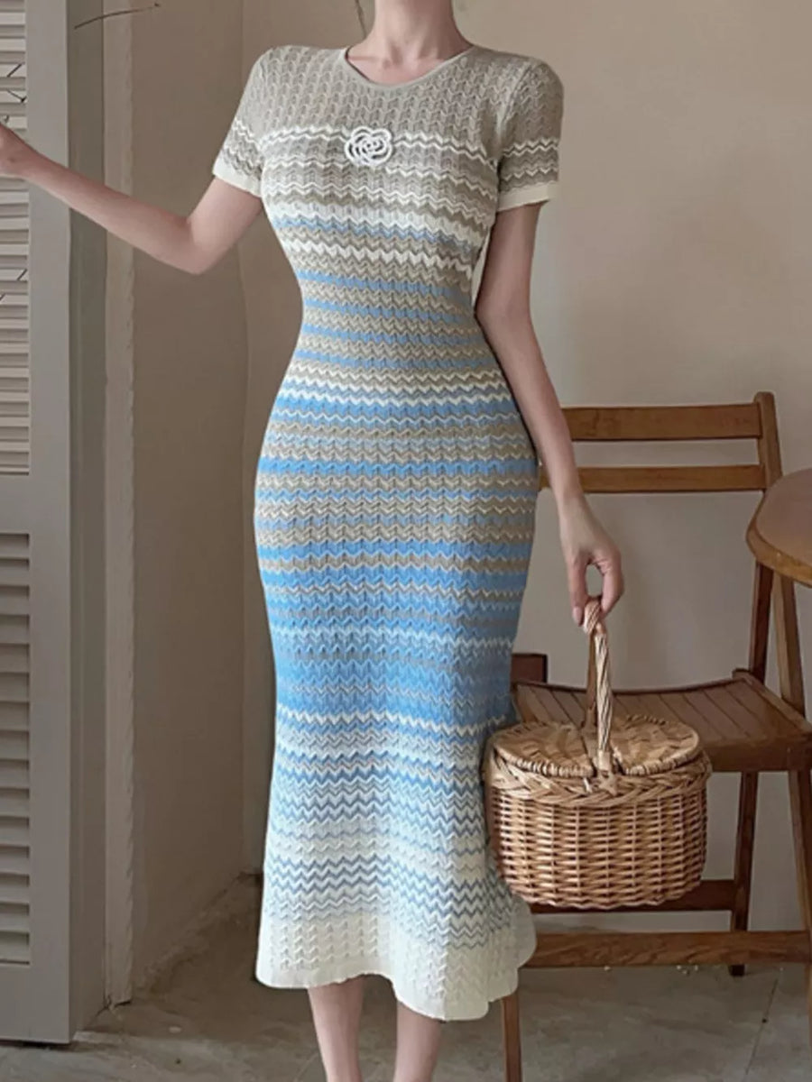 Light Blue with Gradient Knit Striped Midi Dress
