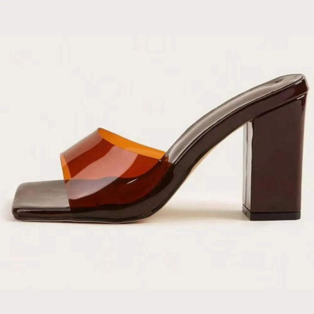 Brown lucite heel mule sandals with a square toe and block heel.