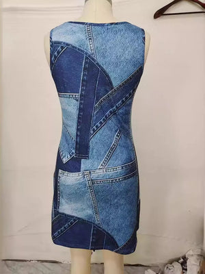 Patchwork Denim Sleeveless Mini Dress in Dusty Blue