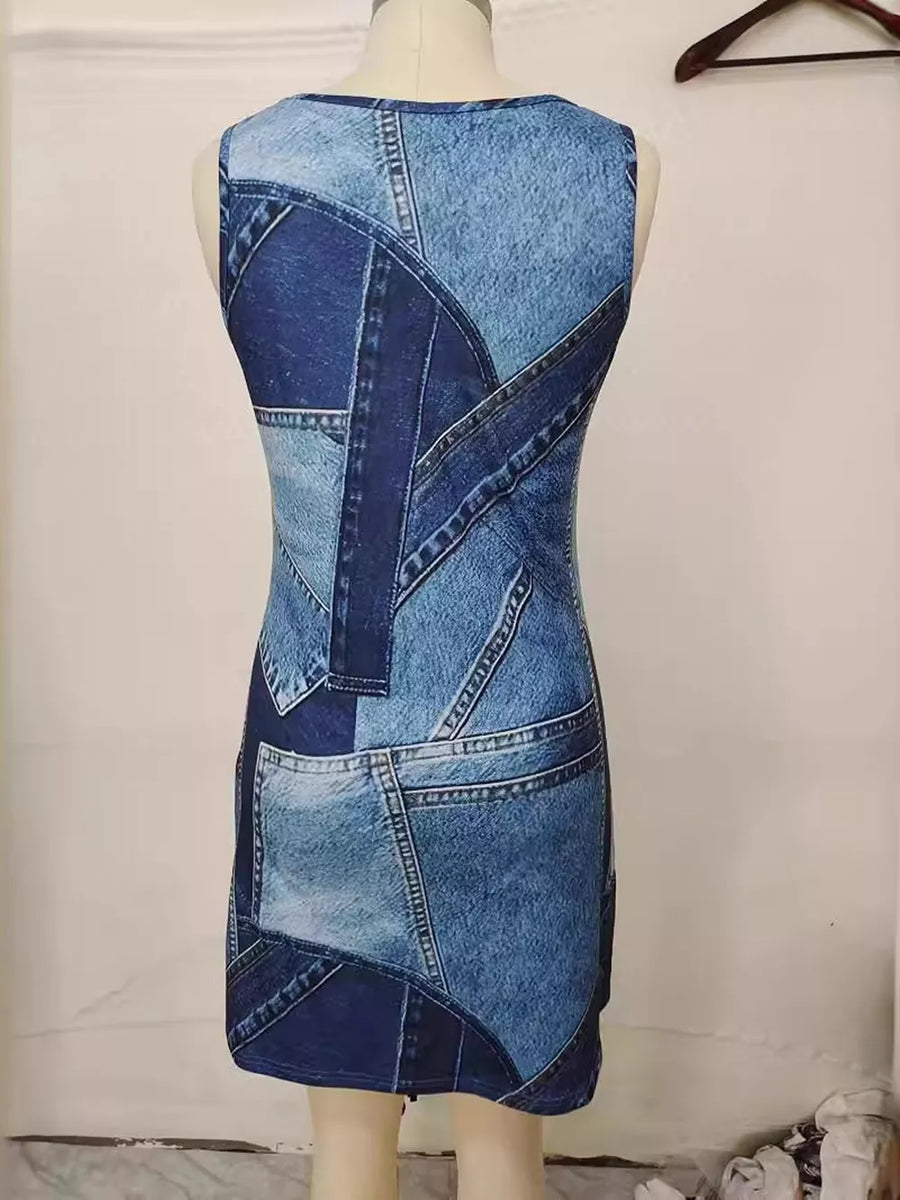 Patchwork Denim Sleeveless Mini Dress in Dusty Blue